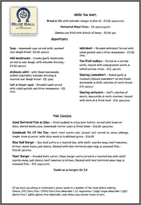 Food Menu | The Blue Ball at Braunston